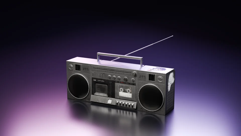 3D render of a silver boombox with its aerial raised on a dark glossy floor, rim-lit in violet and magenta.