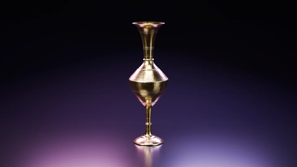 3D render of a tall polished brass vase on a dark studio floor, rim-lit in violet and magenta.