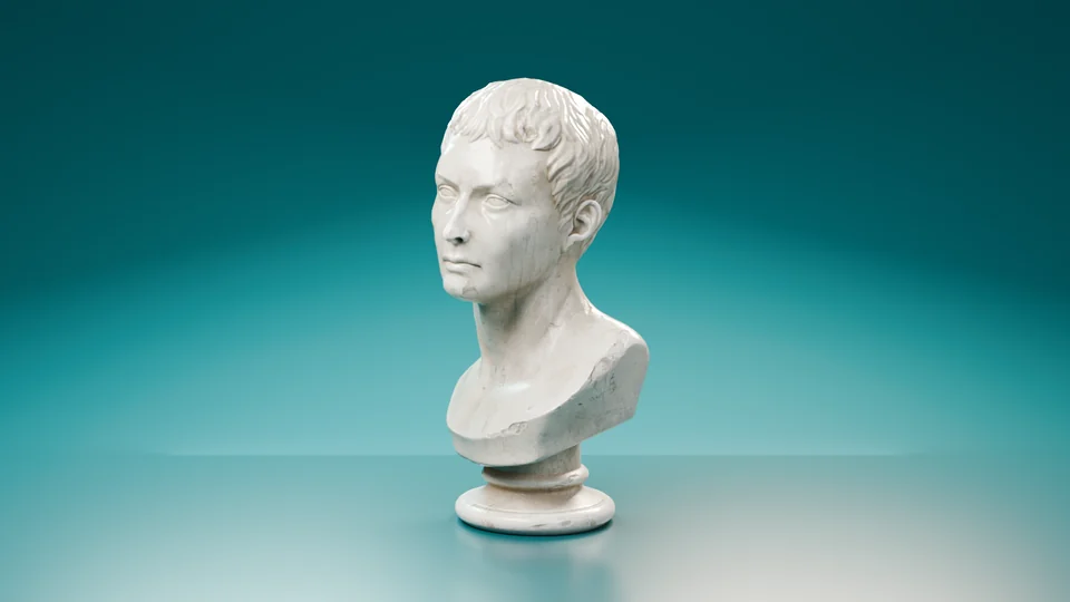 3D render of a white marble bust on a deep teal studio backdrop.