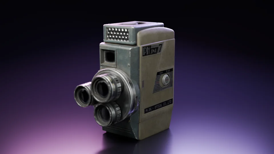 3D render of a vintage film camera on a dark studio floor, rim-lit in violet and magenta.