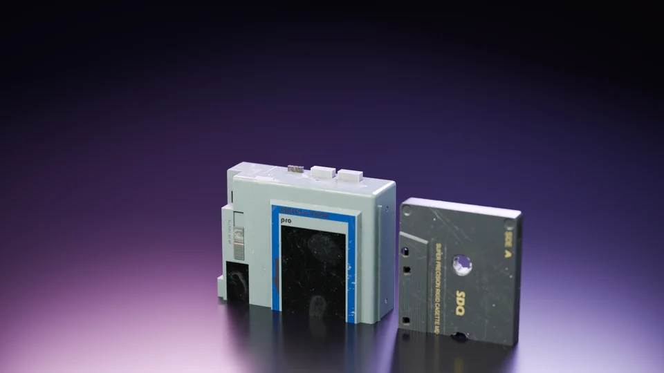 3D render of a portable cassette player and a cassette on a dark studio floor, rim-lit in violet.